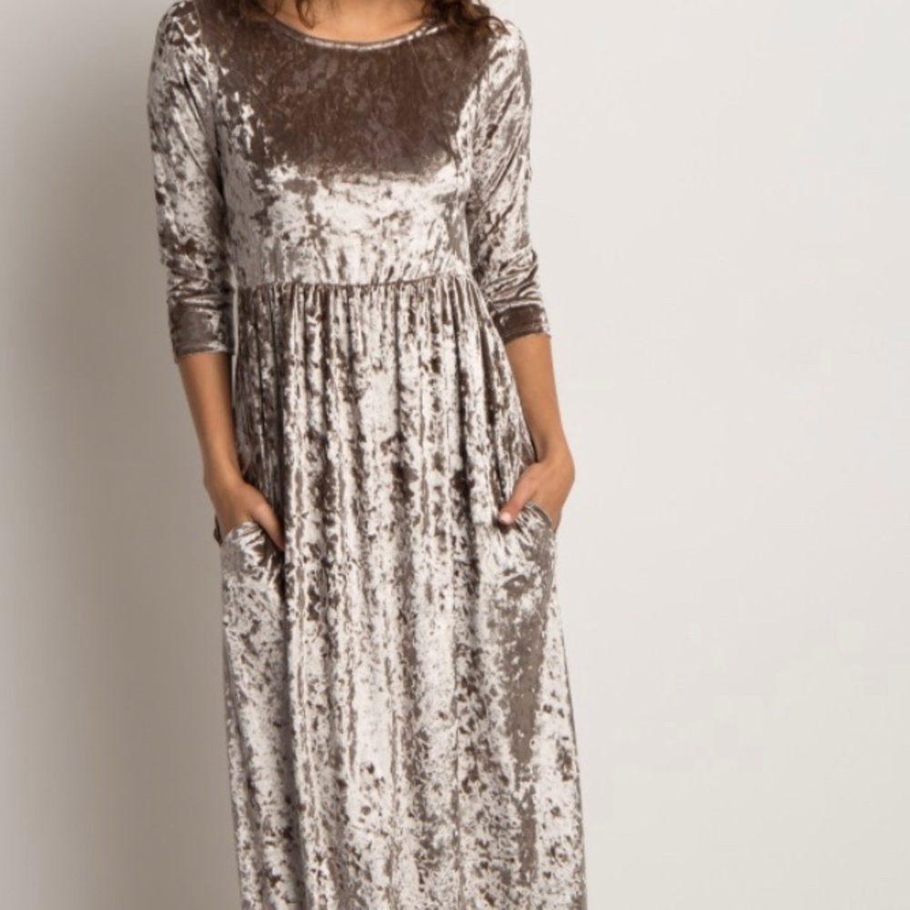Mocha Crushed Velvet Maxi Dress 3/4 Sleeve